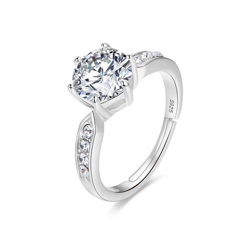 Elegant Round-Cut Solitaire Engagement Ring with Pavé Band – Silver Finish
