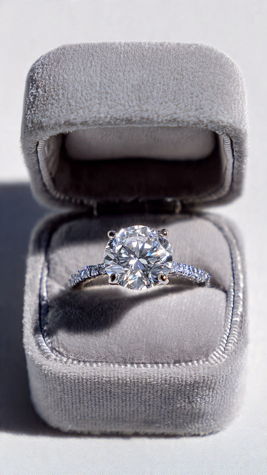 Elegant Round-Cut Solitaire Engagement Ring with Pavé Band – Silver Finish